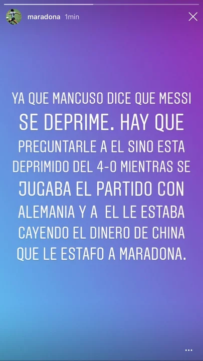Captura de una Storie de Instagram de Maradona.