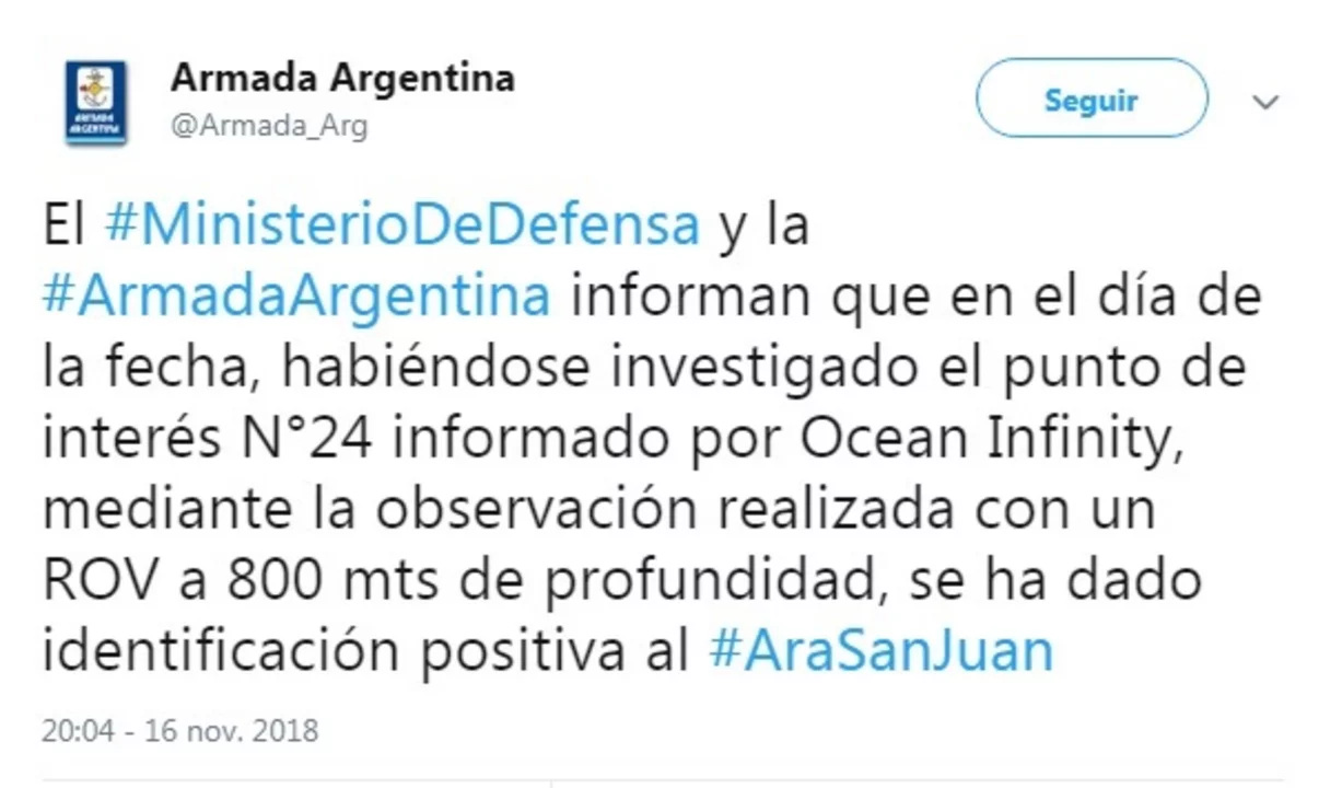 El tuit de la Armada que confirmó la aparición del ARA San Juan