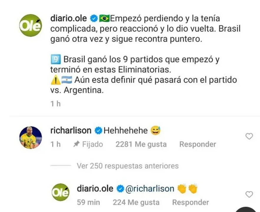 Richarlison cruzó al diario Olé en las redes tras el triunfo de Brasil