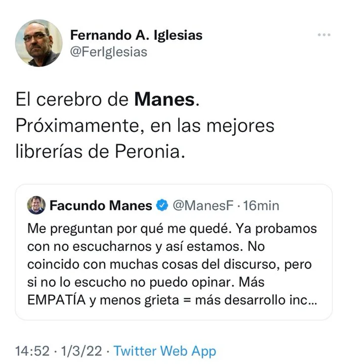 Fernando Iglesias arrugó: atacó a Facundo Manes y luego borró el tuit
