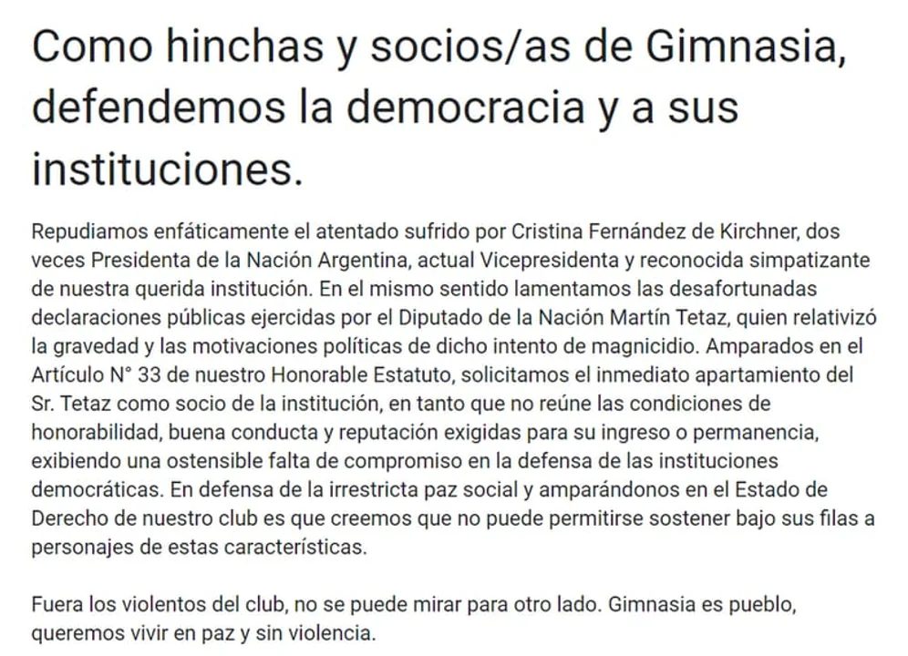 Socios de Gimnasia piden expulsar a Martín Tetaz del club