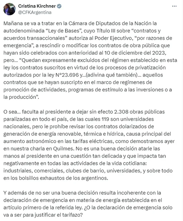 Cristina Kirchner criticó la Ley Ómnibus que se trata en el Congreso