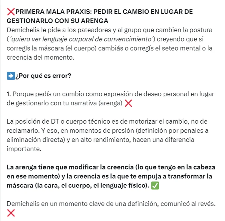 Los tres errores de líder que cometió Demichelis con su tibia arenga 