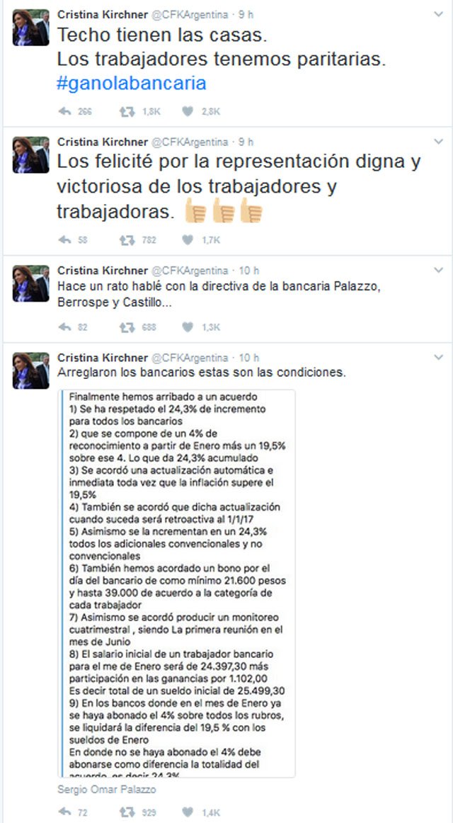 Cristina felicitó a los bancarios por el acuerdo salarial alcanzado
